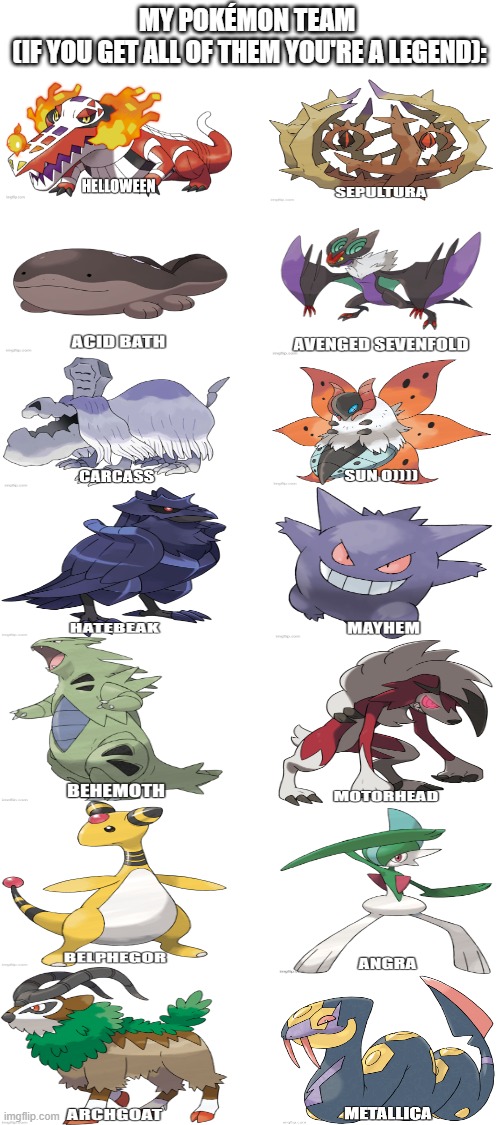 pretty creative tbh | MY POKÉMON TEAM 
(IF YOU GET ALL OF THEM YOU'RE A LEGEND): | image tagged in metal,pokemon,bands,team,memes,creative | made w/ Imgflip meme maker