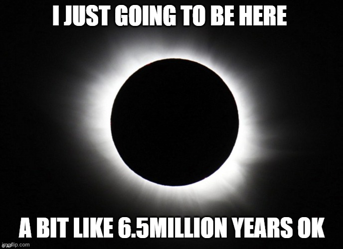 Solar eclipse | I JUST GOING TO BE HERE; A BIT LIKE 6.5MILLION YEARS OK | image tagged in solar eclipse | made w/ Imgflip meme maker