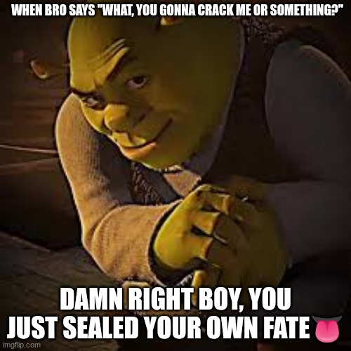 shrek looking up | WHEN BRO SAYS "WHAT, YOU GONNA CRACK ME OR SOMETHING?"; DAMN RIGHT BOY, YOU JUST SEALED YOUR OWN FATE👅 | image tagged in shrek looking up | made w/ Imgflip meme maker