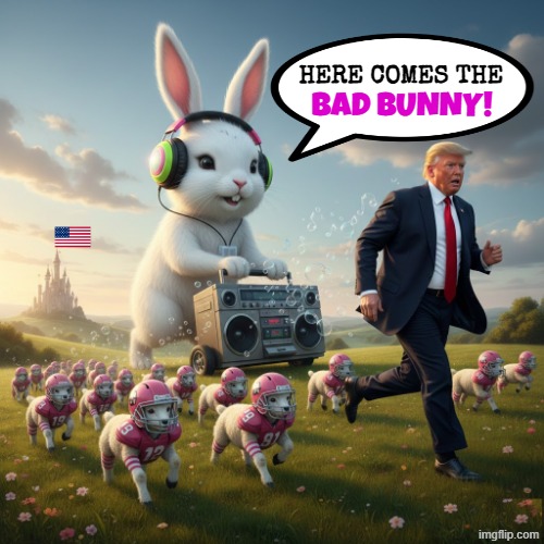 HERE COMES THE BIG BAD BUNNY! | HERE COMES THE; BAD BUNNY! | image tagged in bad bunny,trump,nfl football,superbowl,halftime,make america great again | made w/ Imgflip meme maker