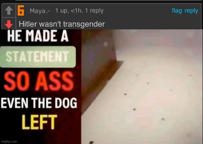Context was Hitler committing suicide | image tagged in he made a statement so ass even the dog left | made w/ Imgflip meme maker