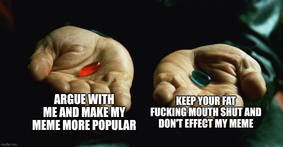 ARGUE WITH ME AND MAKE MY MEME MORE POPULAR KEEP YOUR FAT FUCKING MOUTH SHUT AND DON'T EFFECT MY MEME | image tagged in red pill blue pill | made w/ Imgflip meme maker