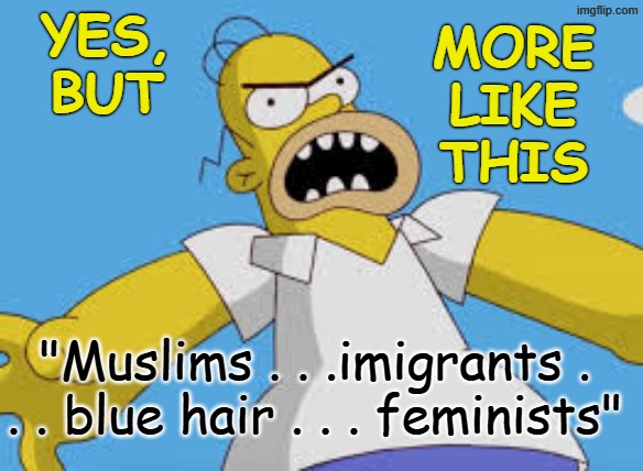 YES, BUT MORE
LIKE
THIS "Muslims . . .imigrants . . . blue hair . . . feminists" | made w/ Imgflip meme maker