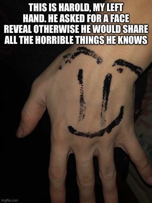 Harold | THIS IS HAROLD, MY LEFT HAND. HE ASKED FOR A FACE REVEAL OTHERWISE HE WOULD SHARE ALL THE HORRIBLE THINGS HE KNOWS | made w/ Imgflip meme maker