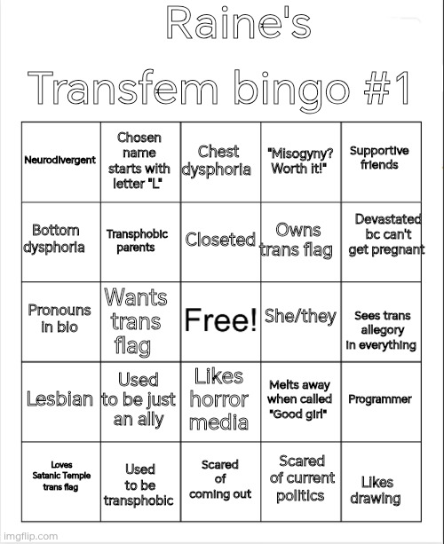High Quality Raine's transfem bingo #1 Blank Meme Template
