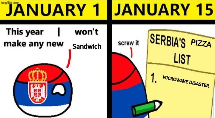 Serbia's list | I; PIZZA; Sandwich; MICROWAVE DISASTER | image tagged in serbia's list | made w/ Imgflip meme maker