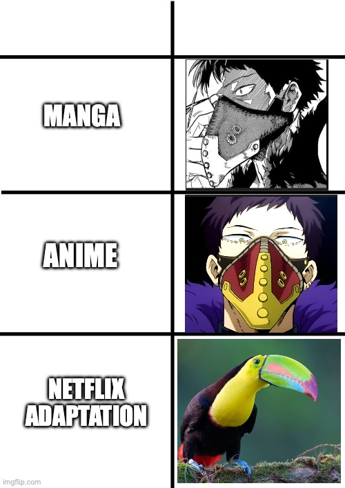 TBH overhaul looks like human toucan with his mask | MANGA; ANIME; NETFLIX ADAPTATION | image tagged in manga anime netflix adaption,mha,boku no hero academia,why are you reading this | made w/ Imgflip meme maker