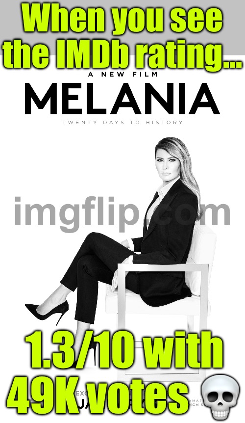 When you check the IMDb page for 'Melania (2026)'; IMDb RATING 1.3/10 — 49K people already suffered | When you see the IMDb rating... 1.3/10 with 49K votes 💀 | image tagged in melania 2026,melania trump,amazon,movies,box office bomb,flop | made w/ Imgflip meme maker