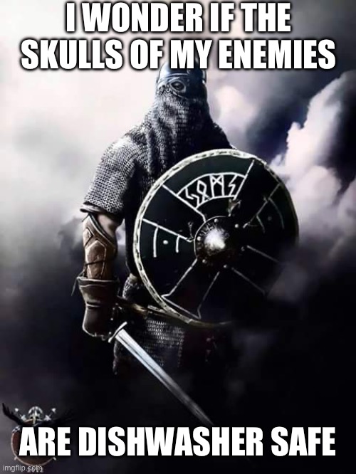 When you toast your victory by drinking from the skulls of your enemies | I WONDER IF THE SKULLS OF MY ENEMIES; ARE DISHWASHER SAFE | image tagged in viking warrior,dishwasher,skulls,enemies,victory | made w/ Imgflip meme maker