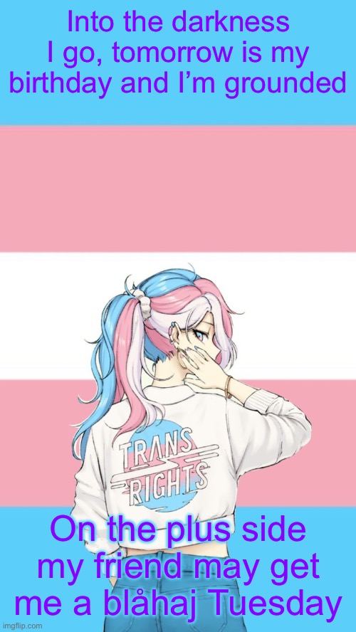 They’re trans now | Into the darkness I go, tomorrow is my birthday and I’m grounded; On the plus side my friend may get me a blåhaj Tuesday | image tagged in they re trans now | made w/ Imgflip meme maker