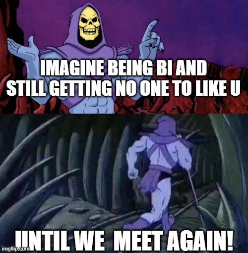 he man skeleton advices | IMAGINE BEING BI AND STILL GETTING NO ONE TO LIKE U; UNTIL WE  MEET AGAIN! | image tagged in he man skeleton advices | made w/ Imgflip meme maker