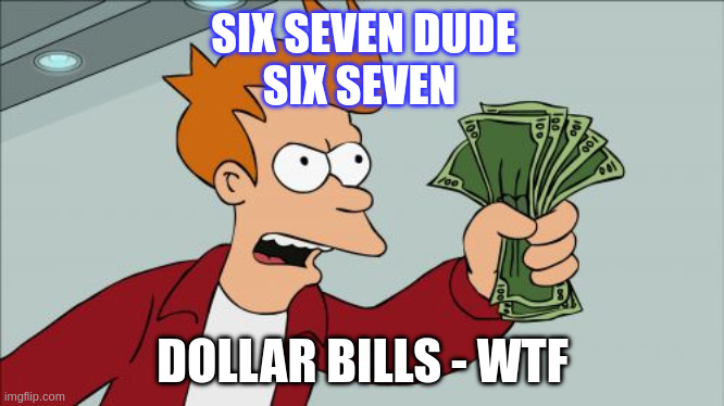 SIX SEVEN | SIX SEVEN DUDE
SIX SEVEN; DOLLAR BILLS - WTF | image tagged in memes,shut up and take my money fry | made w/ Imgflip meme maker