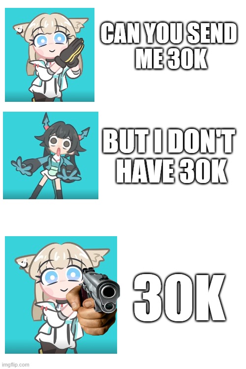 Can you send me 30k | CAN YOU SEND 
ME 30K; BUT I DON'T 
HAVE 30K; 30K | image tagged in anime,30k,funny memes,cursed,simi arknights endfield | made w/ Imgflip meme maker
