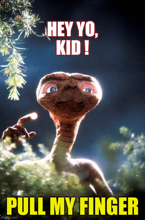 PULL MY FINGER E.T. | HEY YO, KID ! PULL MY FINGER | image tagged in et | made w/ Imgflip meme maker