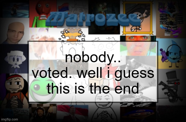 Matrozee Template V2 | nobody.. voted. well i guess this is the end | image tagged in matrozee template v2 | made w/ Imgflip meme maker