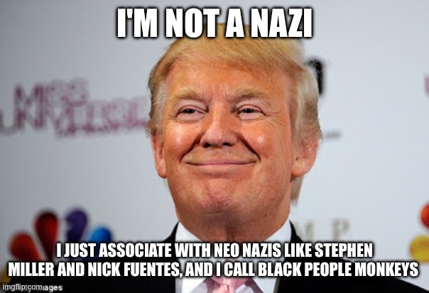 Donald trump approves | I'M NOT A NAZI I JUST ASSOCIATE WITH NEO NAZIS LIKE STEPHEN MILLER AND NICK FUENTES, AND I CALL BLACK PEOPLE MONKEYS | image tagged in donald trump approves | made w/ Imgflip meme maker