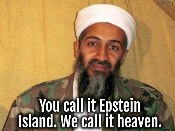 Jannat | You call it Epstein Island. We call it heaven. | image tagged in osama bin laden,heaven,islam,epstein | made w/ Imgflip meme maker