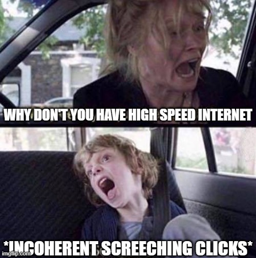 Why Can't You Just Be Normal | WHY DON'T YOU HAVE HIGH SPEED INTERNET; *INCOHERENT SCREECHING CLICKS* | image tagged in why can't you just be normal | made w/ Imgflip meme maker