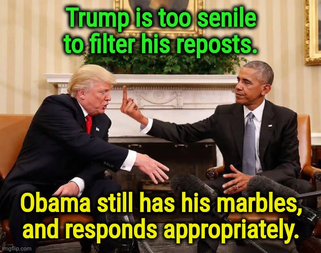 Trump is too senile to filter his reposts. Obama still has his marbles, and responds appropriately. | image tagged in trump,racist,senile dementia,obama,middle finger | made w/ Imgflip meme maker