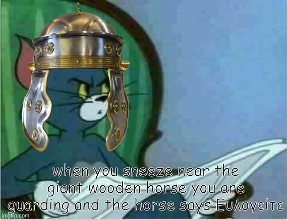hol up | when you sneeze near the giant wooden horse you are guarding and the horse says Ευλογείτε | image tagged in interrupting tom's read,hol up,memes,meem | made w/ Imgflip meme maker