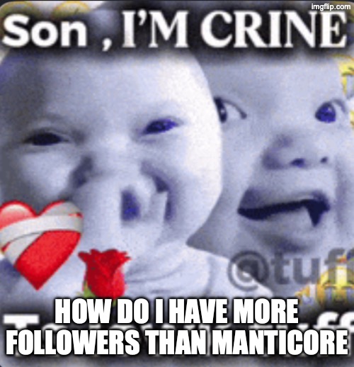 son im crine | HOW DO I HAVE MORE FOLLOWERS THAN MANTICORE | image tagged in son im crine | made w/ Imgflip meme maker