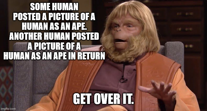 Dr. Zaius | SOME HUMAN POSTED A PICTURE OF A HUMAN AS AN APE. ANOTHER HUMAN POSTED A PICTURE OF A HUMAN AS AN APE IN RETURN GET OVER IT. | image tagged in dr zaius | made w/ Imgflip meme maker