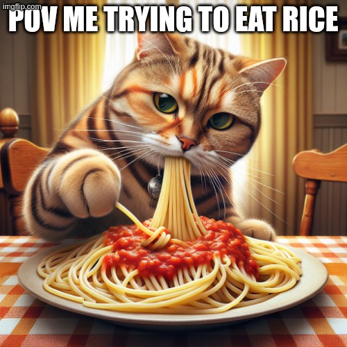 POV ME TRYING TO EAT RICE | image tagged in ai image of a cat trying to eat spaghetti | made w/ Imgflip meme maker