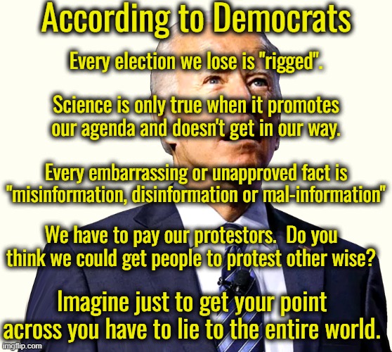 According to Democrats Imagine just to get your point across you have to lie to the entire world. Every election we lose is "rigged". Every  | image tagged in joe derpy biden | made w/ Imgflip meme maker