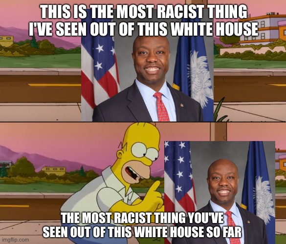 tim scott the sycophant has some lessons to learn about pedotrump and maga! | THIS IS THE MOST RACIST THING I'VE SEEN OUT OF THIS WHITE HOUSE; THE MOST RACIST THING YOU'VE SEEN OUT OF THIS WHITE HOUSE SO FAR | image tagged in simpsons so far | made w/ Imgflip meme maker