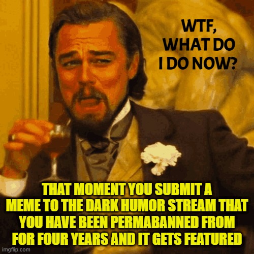 I only became a political memer because I had no where to submit the dark stuff | WTF, WHAT DO I DO NOW? THAT MOMENT YOU SUBMIT A MEME TO THE DARK HUMOR STREAM THAT YOU HAVE BEEN PERMABANNED FROM FOR FOUR YEARS AND IT GETS FEATURED | image tagged in wtf,dark humor,political meme,suspension,moderators,banned | made w/ Imgflip meme maker