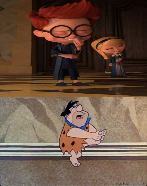 sherman and penny laughing at Fred Flintstone | image tagged in who laughs at fred flintstone,deviantart,crossover,warner bros,warner bros discovery | made w/ Imgflip meme maker