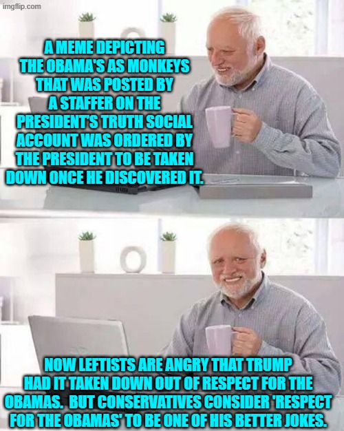 LOL, leftists are pretending that Trump personally put the meme in place; because lying is their forte. | A MEME DEPICTING THE OBAMA'S AS MONKEYS THAT WAS POSTED BY A STAFFER ON THE PRESIDENT’S TRUTH SOCIAL ACCOUNT WAS ORDERED BY THE PRESIDENT TO BE TAKEN DOWN ONCE HE DISCOVERED IT. NOW LEFTISTS ARE ANGRY THAT TRUMP HAD IT TAKEN DOWN OUT OF RESPECT FOR THE OBAMAS.  BUT CONSERVATIVES CONSIDER 'RESPECT FOR THE OBAMAS' TO BE ONE OF HIS BETTER JOKES. | image tagged in hide the pain harold | made w/ Imgflip meme maker