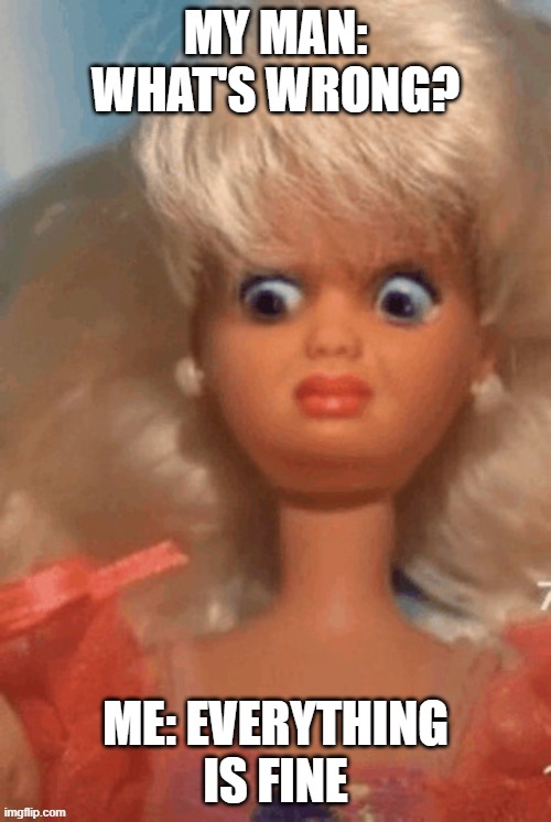 Everything is fine | MY MAN: WHAT'S WRONG? ME: EVERYTHING IS FINE | image tagged in disgusted barbie | made w/ Imgflip meme maker