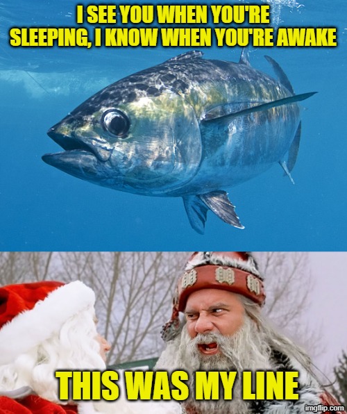 I SEE YOU WHEN YOU'RE SLEEPING, I KNOW WHEN YOU'RE AWAKE THIS WAS MY LINE | image tagged in tuna fish,two santa clauses | made w/ Imgflip meme maker