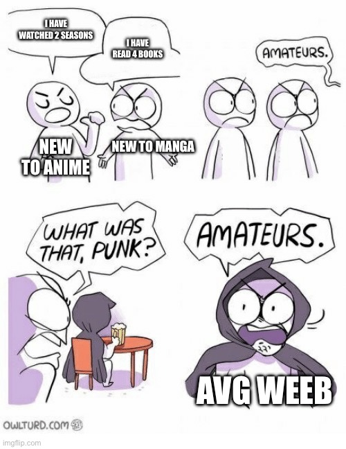 The average weeb | I HAVE WATCHED 2 SEASONS; I HAVE READ 4 BOOKS; NEW TO ANIME; NEW TO MANGA; AVG WEEB | image tagged in amateurs,anime | made w/ Imgflip meme maker