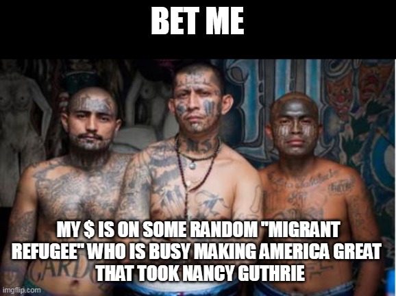 THIS would put a stop to the Wall to Wall Coverage | BET ME; MY $ IS ON SOME RANDOM "MIGRANT REFUGEE" WHO IS BUSY MAKING AMERICA GREAT 
 THAT TOOK NANCY GUTHRIE | image tagged in nancy guthrie illegal meme | made w/ Imgflip meme maker
