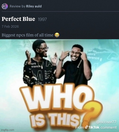 My review of perfect blue is. | image tagged in who is this | made w/ Imgflip meme maker
