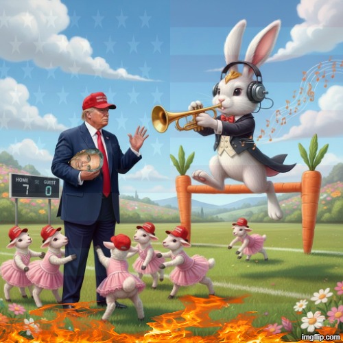 HERE COMES THE BIG BAD BUNNY RABBIT | image tagged in trump,jeffrey epstein,epstein,make america great again,halftime,football | made w/ Imgflip meme maker