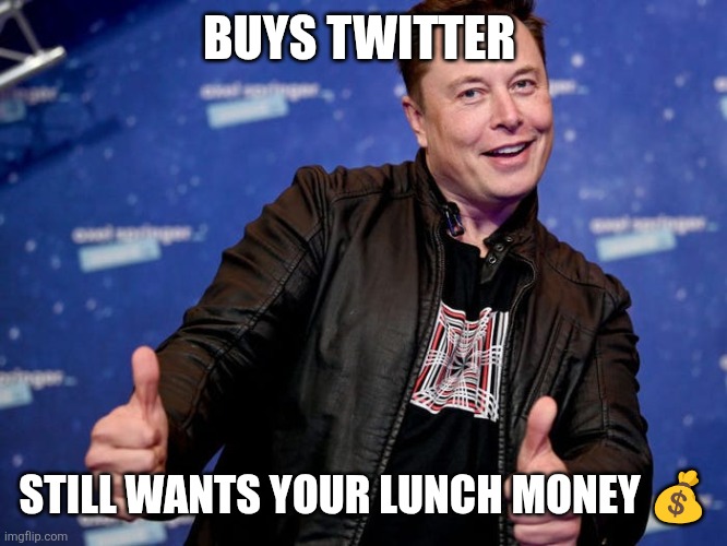 Elon Musk Nice | BUYS TWITTER; STILL WANTS YOUR LUNCH MONEY 💰 | image tagged in elon musk nice | made w/ Imgflip meme maker