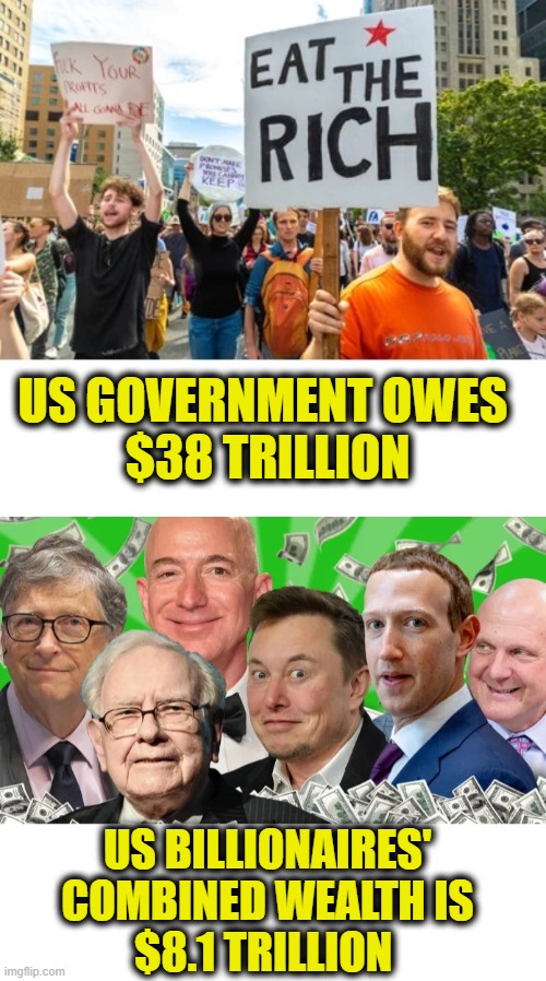 Eat the rich and still go hungry | US GOVERNMENT OWES 
$38 TRILLION; US BILLIONAIRES'
COMBINED WEALTH IS
$8.1 TRILLION | image tagged in national debt | made w/ Imgflip meme maker