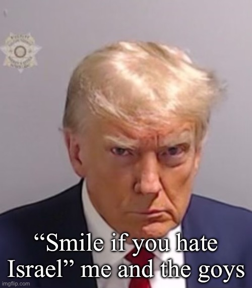 Donald Trump Mugshot | “Smile if you hate Israel” me and the goys | image tagged in donald trump mugshot | made w/ Imgflip meme maker