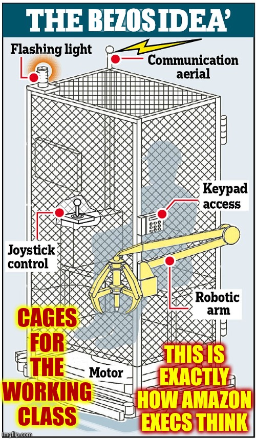 Something's Rotten In Denmark ... Excuse Me.  I Meant Something's Rotten In The Men In The United States | BEZOS; CAGES FOR THE WORKING CLASS; THIS IS EXACTLY HOW AMAZON EXECS THINK | image tagged in memes,what the hell is this,amazon boycott,boycott maga,boycott trump,boycott republicans | made w/ Imgflip meme maker