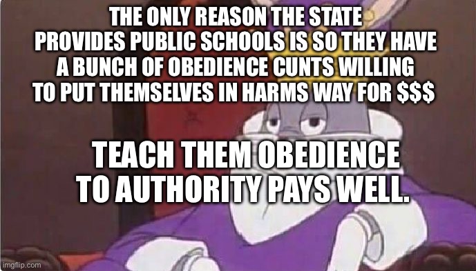 Bugs Bunny King | THE ONLY REASON THE STATE PROVIDES PUBLIC SCHOOLS IS SO THEY HAVE A BUNCH OF OBEDIENCE CUNTS WILLING TO PUT THEMSELVES IN HARMS WAY FOR $$$; TEACH THEM OBEDIENCE TO AUTHORITY PAYS WELL. | image tagged in bugs bunny king | made w/ Imgflip meme maker