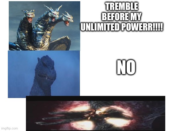 No | TREMBLE BEFORE MY UNLIMITED POWERR!!!! NO | image tagged in blank white template | made w/ Imgflip meme maker