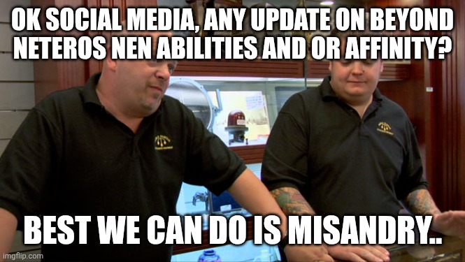 Ok let's try again.....Fuk! | OK SOCIAL MEDIA, ANY UPDATE ON BEYOND NETEROS NEN ABILITIES AND OR AFFINITY? BEST WE CAN DO IS MISANDRY.. | image tagged in pawn stars best i can do,hunter x hunter,anime,funny memes | made w/ Imgflip meme maker