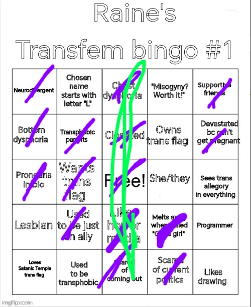 Raine's transfem bingo #1 | image tagged in raine's transfem bingo 1 | made w/ Imgflip meme maker