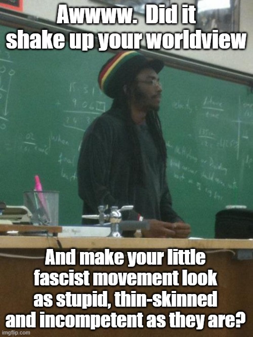 Rasta Science Teacher Meme | Awwww.  Did it shake up your worldview And make your little fascist movement look as stupid, thin-skinned and incompetent as they are? | image tagged in memes,rasta science teacher | made w/ Imgflip meme maker