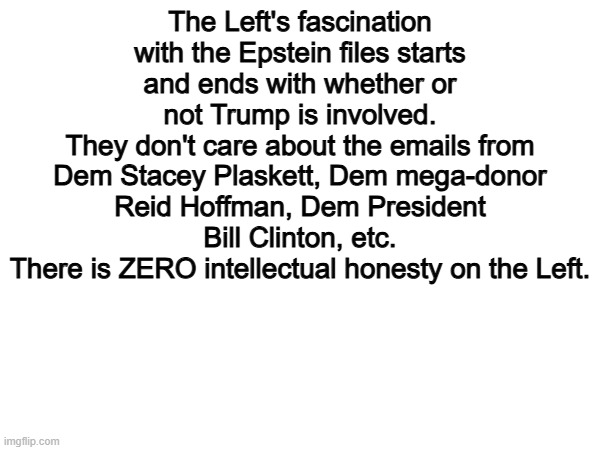 100% | The Left's fascination with the Epstein files starts and ends with whether or not Trump is involved.
They don't care about the emails from Dem Stacey Plaskett, Dem mega-donor Reid Hoffman, Dem President Bill Clinton, etc.
There is ZERO intellectual honesty on the Left. | image tagged in memes,funny,leftists,politics,political meme | made w/ Imgflip meme maker