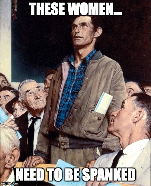man taking a stand in a town hall meeting | THESE WOMEN... NEED TO BE SPANKED | image tagged in man taking a stand in a town hall meeting | made w/ Imgflip meme maker
