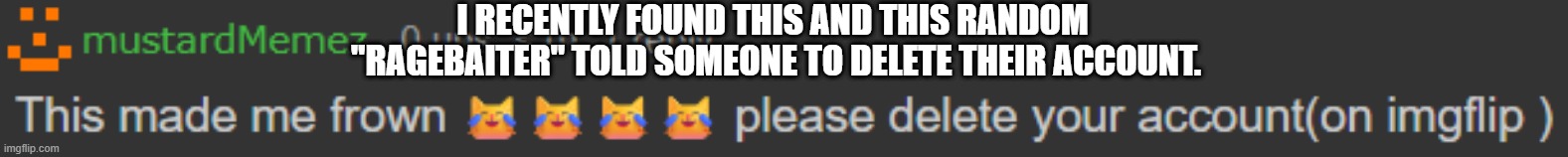 To the moderators of Imgflip | I RECENTLY FOUND THIS AND THIS RANDOM 
"RAGEBAITER" TOLD SOMEONE TO DELETE THEIR ACCOUNT. | image tagged in fun,message,imgflip,ragebait | made w/ Imgflip meme maker